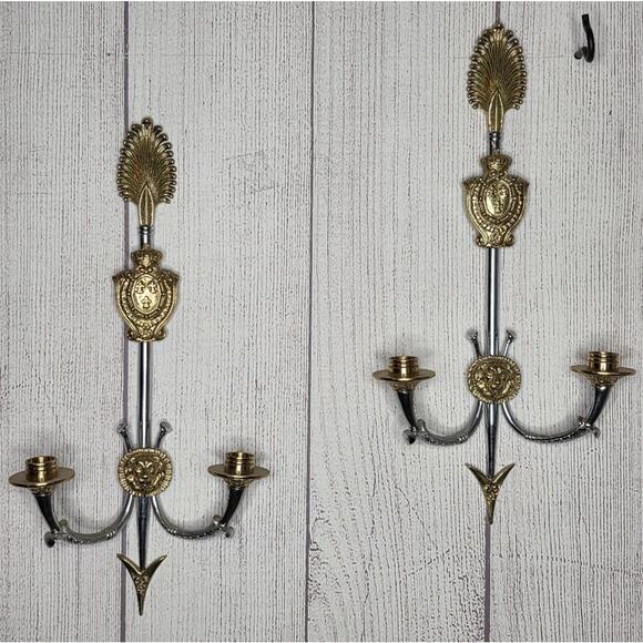 Pair of VTG Reproduction Neoclassical Empire Brass/Chrome 2 Arm Candle Holders - Picture 7 of 16